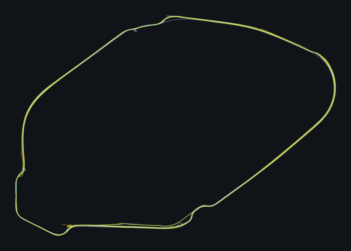 Top-down trace of the Enna-Pergusa circuit drawn from replay coordinates, two cars in yellow and cyan