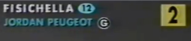 A 1990s Formula 1 broadcast driver caption: Fisichella, Jordan Peugeot, position 2