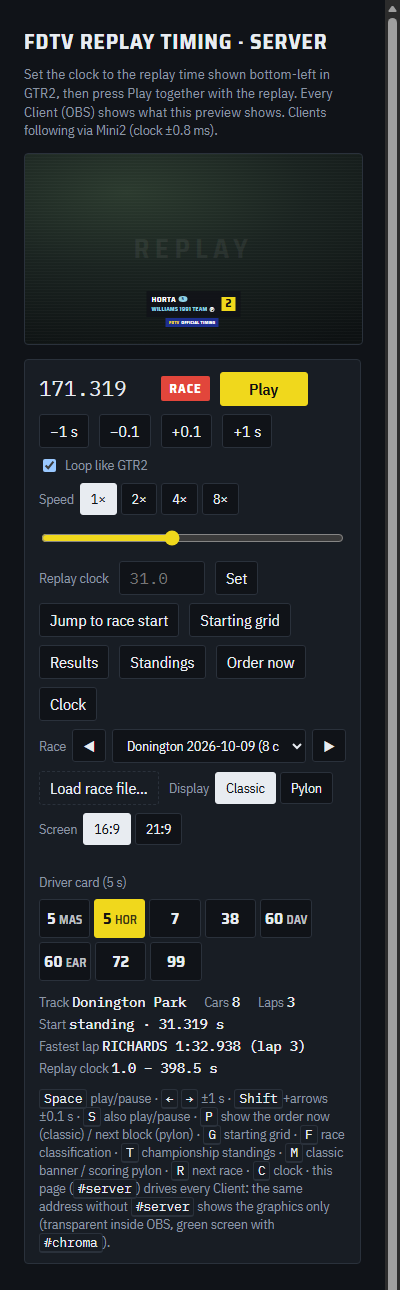 The FDTV Server page on a phone: preview, playback controls, sequence buttons and one button per car